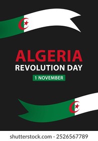 Algerien Revolution Day, Vektordesign für Grußkarte, Poster oder Banner. Text Tag der Revolution in Algerien, 1. November und algerische Fahnen als Bänder auf schwarzem Hintergrund.