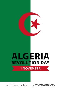 Algeria Revolution Day, vector design for greeting card, poster or banner. Text Algeria Revolution Day, 1 november on the background of Algerian flag.