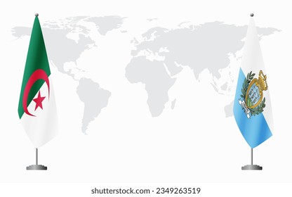 Algeria and San Marino flags for official meeting against background of world map.