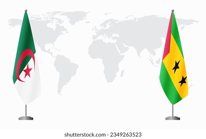 Algeria and Sao Tome and Principe flags for official meeting against background of world map.