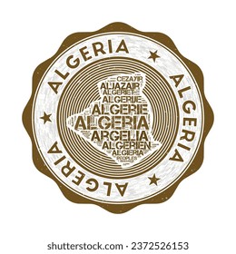 Algerien-Siegel. Country round Logo mit Form von Algerien und Ländernamen in mehreren Sprachen WordCloud. Wunderbares Emblem. Beeindruckende Vektorgrafik.