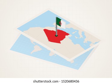 Algeria selected on map with 3D flag of Algeria. Vector paper map.