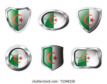 Algeria set shiny buttons and shields of flag with metal frame - vector illustration. Isolated abstract object against white background.