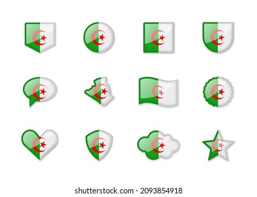 Algeria - set of shiny flags of different shapes. Vector illustration