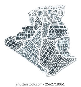 Algeria shape text cloud. Country border with shadow on white background. Algeria with regions division in vintage gazette style. Modern vector illustration.