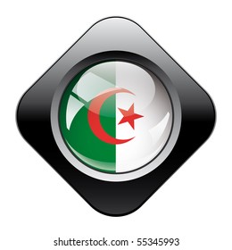 Algeria shiny button flag with black frame -  vector illustration. Isolated abstract object against white background.