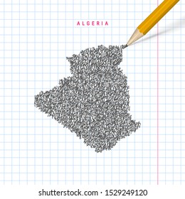 Algeria sketch scribble vector map drawn on checkered school notebook paper background