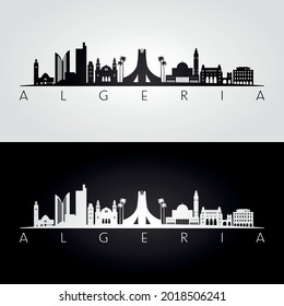 Algeria skyline and landmarks silhouette, black and white design, vector illustration.