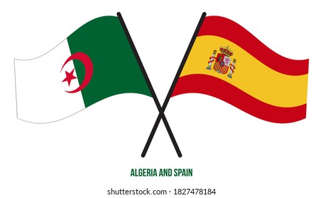 Algeria and Spain Flags Crossed And Waving Flat Style. Official Proportion. Correct Colors.