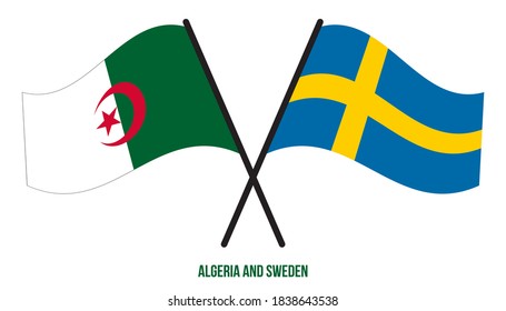 Algeria and Sweden Flags Crossed And Waving Flat Style. Official Proportion. Correct Colors.