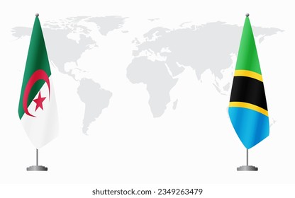Algeria and Tanzania flags for official meeting against background of world map.