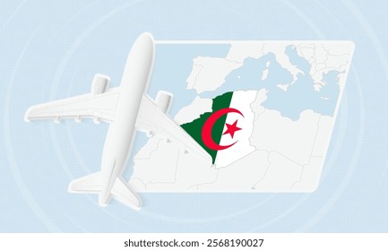 Algeria Travel Illustration with Plane and National Flag. Ideal for travel agencies, promotional materials, or geographic content related to Algeria.