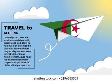 Algeria travel vector banner with paper flag and text space, Algeria country flag on paper plane, holiday and vacation concept, summer travel template and pattern, flight ticket idea