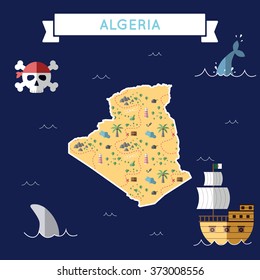 Algeria treasure map in flat design. Colorful cartoon treasure map of Algeria with flat design icons of pirate ship and jolly roger. Algeria flat design vector illustration.
