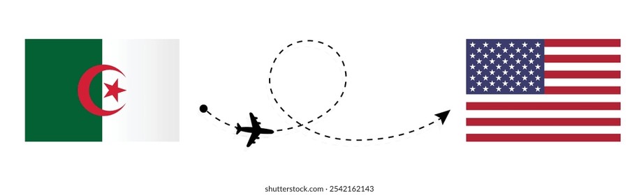 Conceito de viagem aérea da Argélia à América do Norte. Aviões transportam passageiros de avião para Washington. Bandeiras da Argélia e da América 