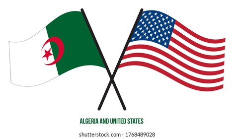 Algeria and United States Flags Crossed And Waving Flat Style. Official Proportion. Correct Colors.