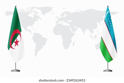 Algeria and Uzbekistan flags for official meeting against background of world map.
