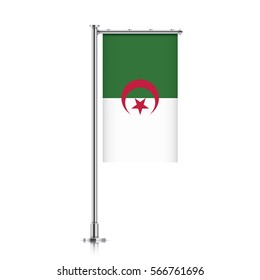 Algeria vector banner flag hanging on a silver metallic pole. Vertical Algeria flag template isolated on a white background.