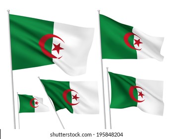 Algeria vector flags set. 5 wavy 3D cloth pennants fluttering on the wind. EPS 8 created using gradient meshes isolated on white background. Five fabric flagstaff design elements from world collection svg