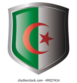 Algeria vector illustration flag on metal shiny shield. Collection of flags on shield against white background. Isolated object.