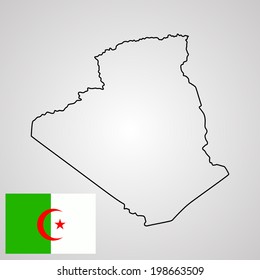 Algeria vector map contour silhouette and vector flag isolated on gray background. High detailed silhouette illustration. North Africa country.