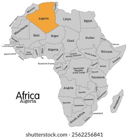 Algeria vector map silhouette isolated on Africa map. Editable vector map of Africa highlighting Algeria. Perfect for educational, geographical, and travel-related projects.