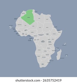 Algeria vector map silhouette isolated on Africa map. Editable vector map of Africa. 