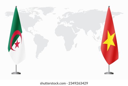 Algeria and Vietnam flags for official meeting against background of world map.