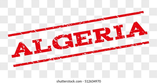 Algeria watermark stamp. Text caption between parallel lines with grunge design style. Rubber seal stamp with dirty texture. Vector red color ink imprint on a chess transparent background.