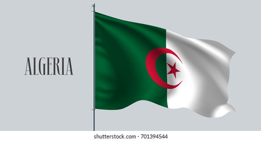 Algeria waving flag on flagpole vector illustration. Stripes with star of  wavy realistic flag as a symbol of Algeria country