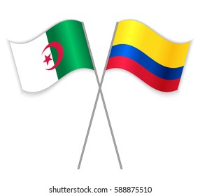 Algerian and Colombian crossed flags. Algeria combined with Colombia isolated on white. Language learning, international business or travel concept.
