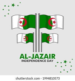 algerian design in the framework of the independence day of the country of algeria with a green and white flag plus a red star moon with the inscription algeria day in an elegant style