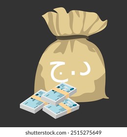 Algerian Dinar Vector Illustration. Algeria money set bundle banknotes. Money bag 100 DZD. Flat style. Isolated on white background. Simple minimal design.