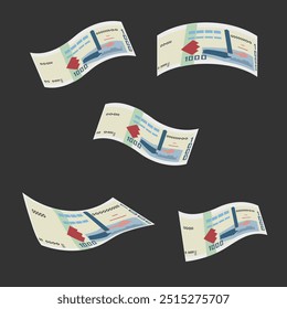 Ilustração do vetor de dinar argelino. Algéria dinheiro conjunto de notas. Caindo, voando dinheiro 1000 DZD. Estilo plano. Isolado no fundo branco. Design mínimo simples.