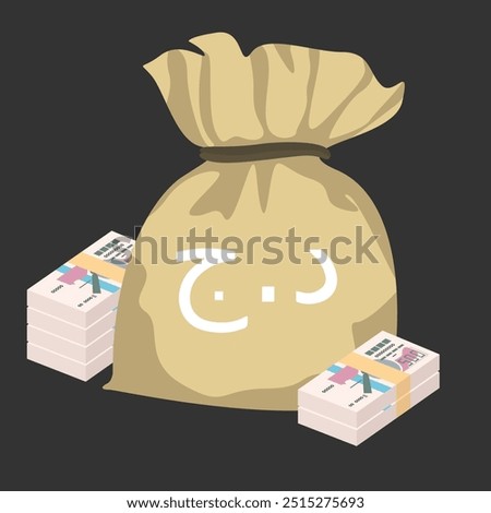Algerian Dinar Vector Illustration. Algeria money set bundle banknotes. Money bag 500 DZD. Flat style. Isolated on white background. Simple minimal design.