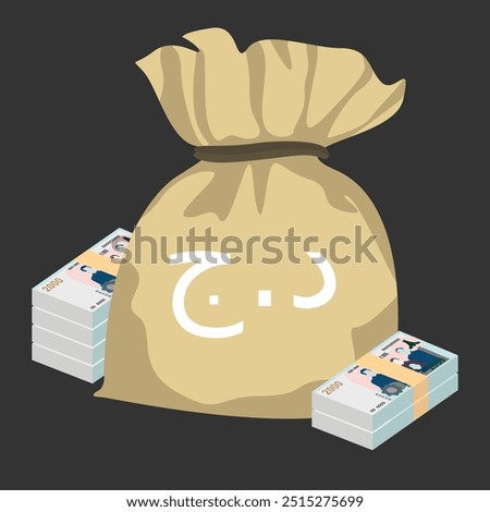 Algerian Dinar Vector Illustration. Algeria money set bundle banknotes. Money bag 2000 DZD. Flat style. Isolated on white background. Simple minimal design.