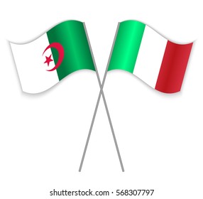 Algerian and Italian crossed flags. Algeria combined with Italy isolated on white. Language learning, international business or travel concept.