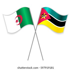 Algerian and Mozambican crossed flags. Algeria combined with Mozambique isolated on white. Language learning, international business or travel concept.