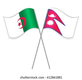 Algerian and Nepalese crossed flags. Algeria combined with Nepal isolated on white. Language learning, international business or travel concept.