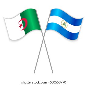 Algerian and Nicaraguan crossed flags. Algeria combined with Nicaragua isolated on white. Language learning, international business or travel concept.