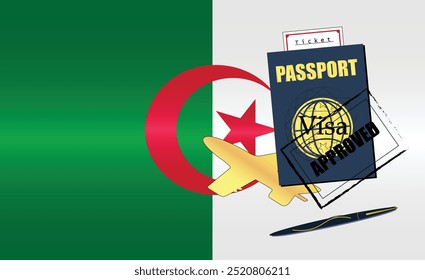 Algerian Travel Documentation Concept with blue Passport and Algeria Flag. Approved Stamp. Airplane and Travel Tickets. Ideal for Immigration Tourism and Traveling Themes. Vector EPS available