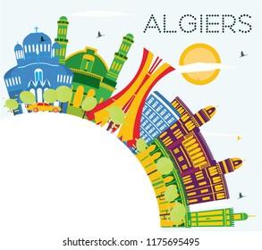 Algiers Algeria City Skyline with Color Buildings, Blue Sky and Copy Space. Vector Illustration. Business Travel and Tourism Concept with Historic Buildings. Algiers Cityscape with Landmarks.