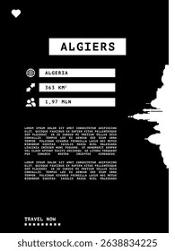 Algiers, Algeria vector infographics, brochure black and white layout. Guide, leaflet, flyer, graphic template with text, information, skyline contour. Page, festival, cover mock up image