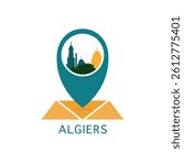 Algiers city map pin point, geolocation icon, skyline shaped vector logo, isolated illustration. Algeria emblem concept with landmarks and buildings