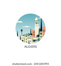 Algiers cityscape, vector badge, flat skyline logo, icon. Algeria city round emblem idea with landmarks and building silhouettes. Isolated graphic