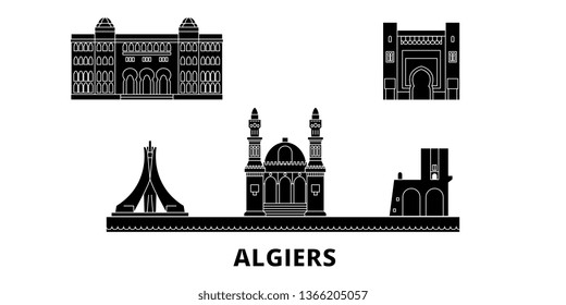 Algiers flat travel skyline set. Algiers black city vector illustration, symbol, travel sights, landmarks.