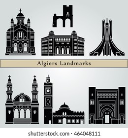 Algiers landmarks and monuments isolated on blue background in editable vector file