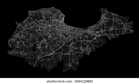 Algiers map. Detailed vector map of Algiers city administrative area. Cityscape poster metropolitan aria view. Black land with white streets, roads and avenues. White background.