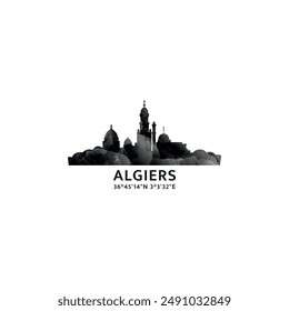 Algiers panorama, vector badge, skyline logo and icon. Algeria city horizon logotype with landmarks and building silhouettes. Isolated foggy abstract gradient graphic