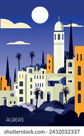 Algiers retro city poster with abstract shapes of skyline, buildings at night. Vintage Algeria capital travel vector illustration of coastline